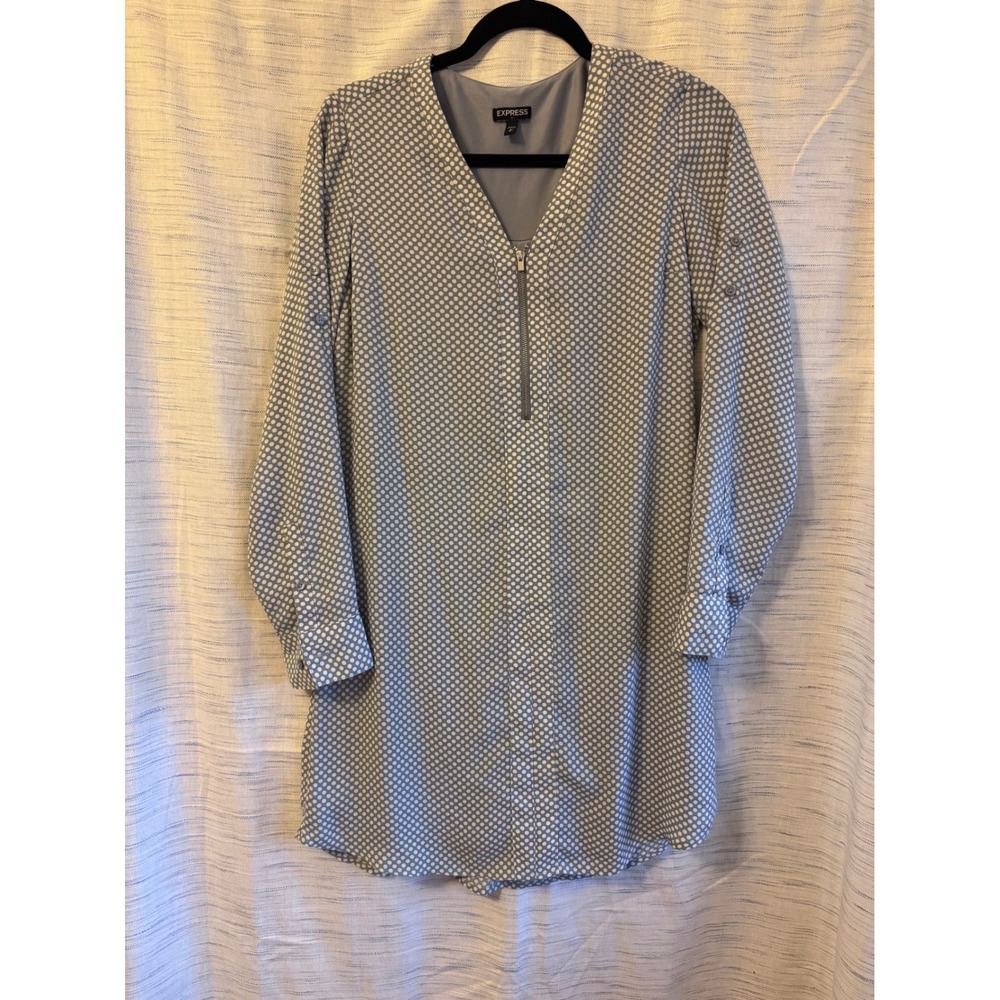 Express Polka Dot Half Zip Long Sleeve Shift Dress Blue White Small